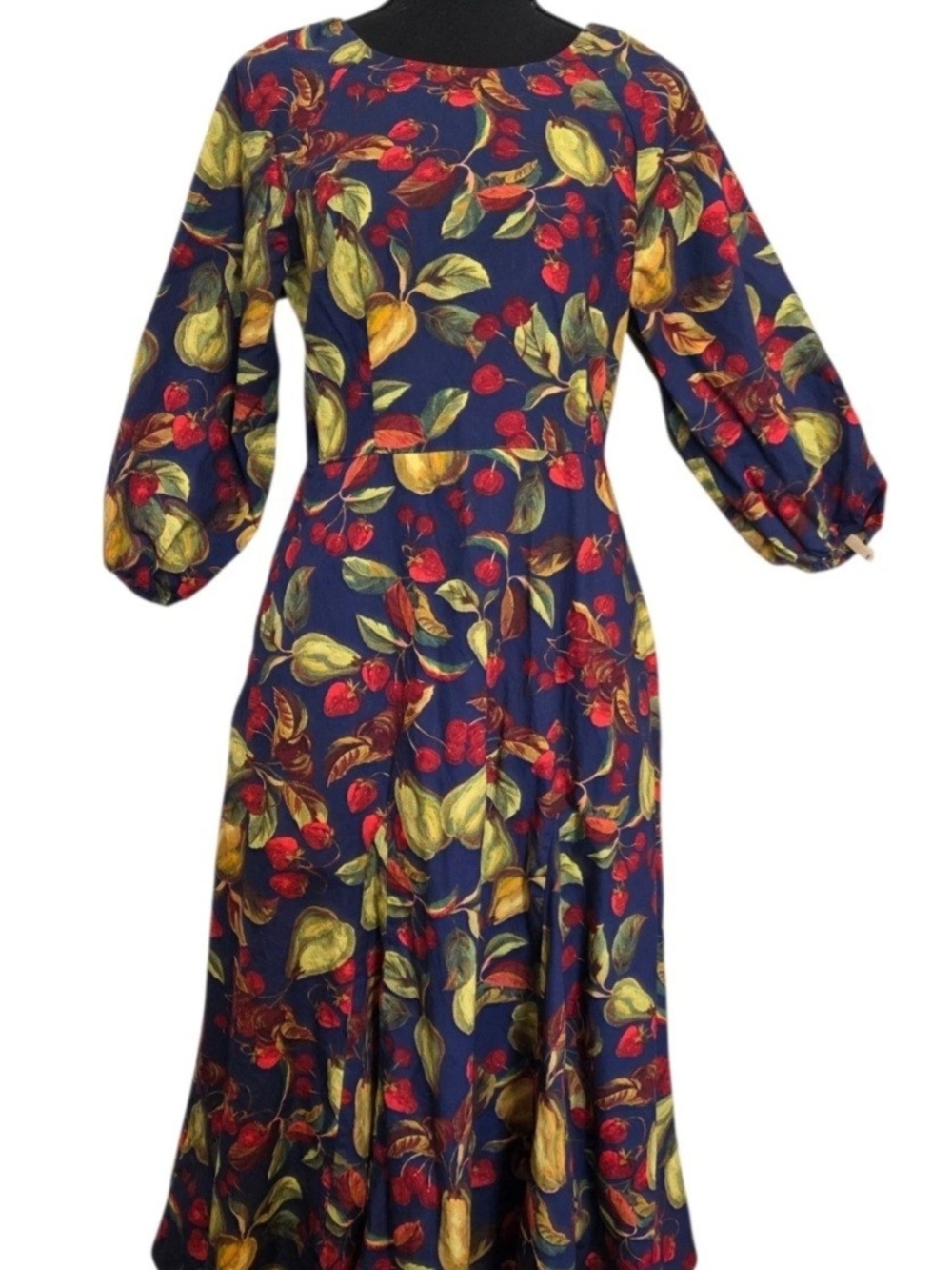 Talbots Navy Floral & Fruit Print Midi Dress 100% Cotton 3/4 Sleeves Size 4